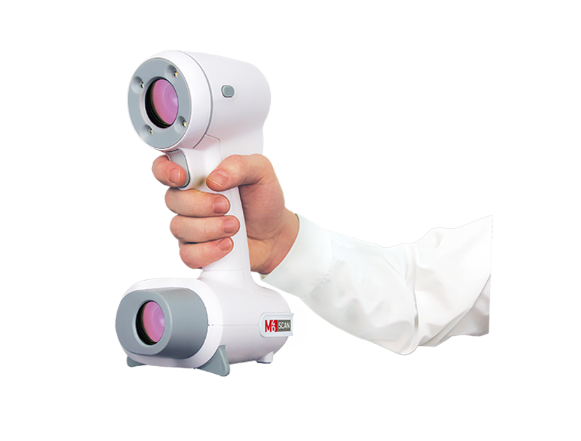 A person wearing a white lab coat holding a handheld 3D scanner with dual lenses, used for capturing precise digital scans of body shapes for medical and orthotic applications.